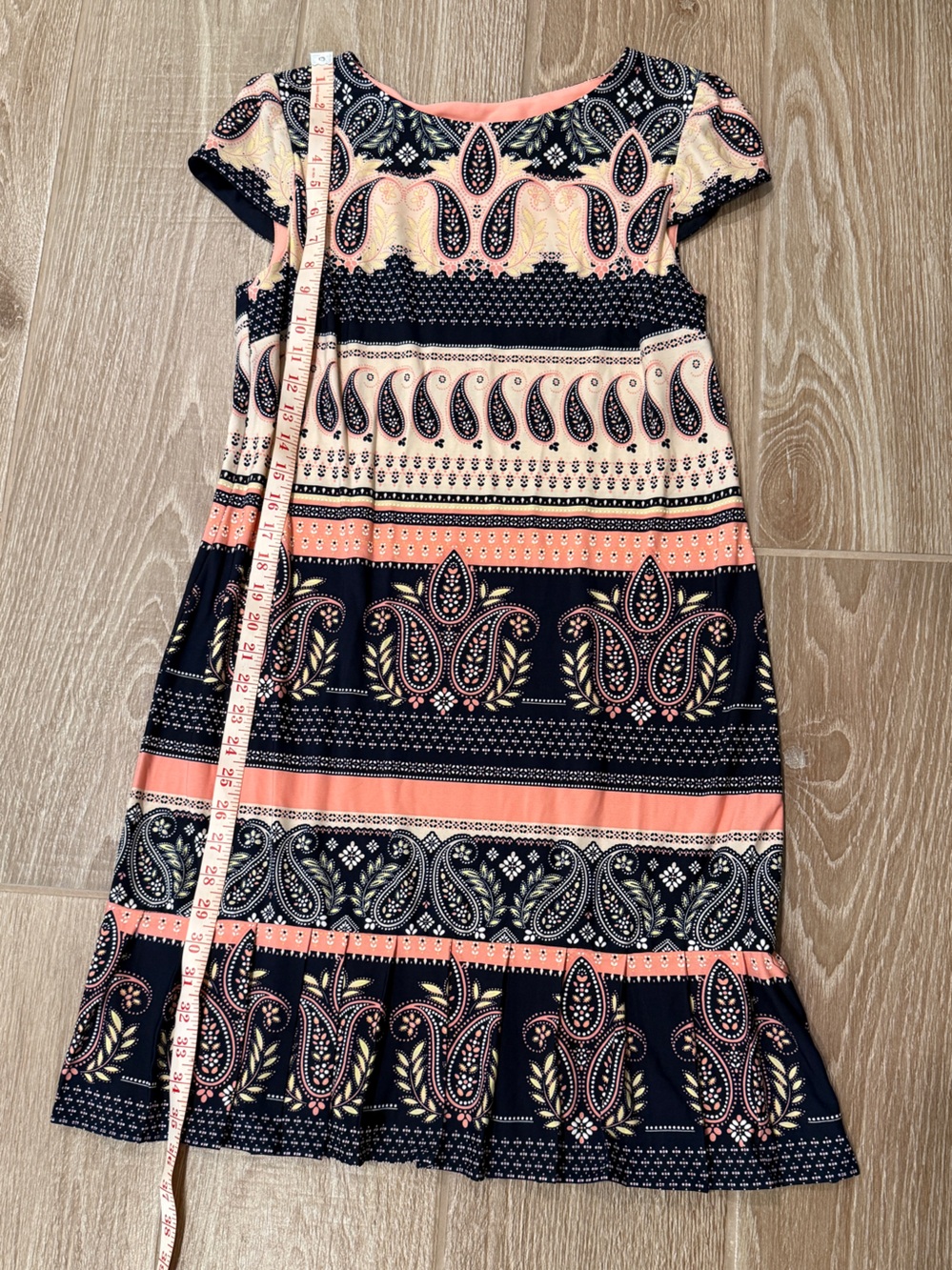 Sandra Darren Navy and Coral Paisley-Striped Dress